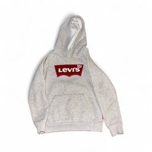 Cozy gray Levi’s hooded sweatshirt, unisex fit.